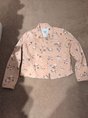 Place - Peach Floral Cropped Denim Jacket NWT
